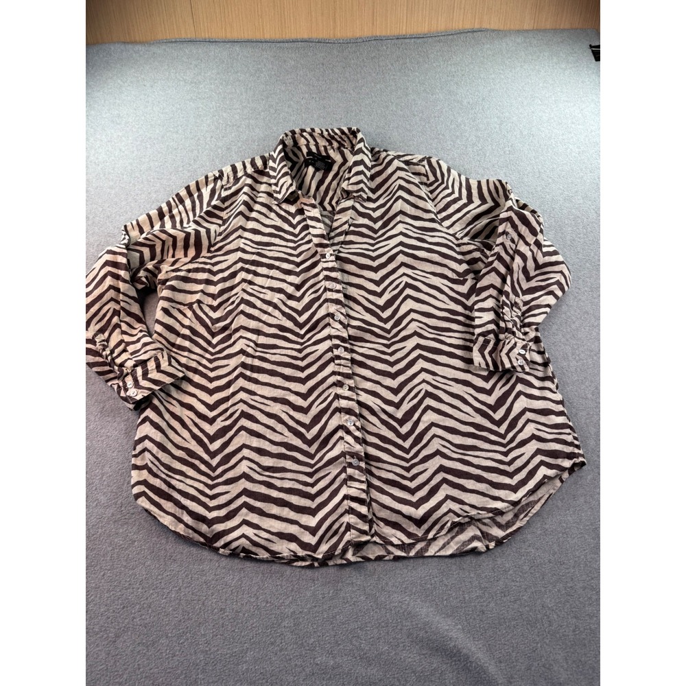 Tahari Womens 2XL Linen Zebra Print Button Down Roll Tab Sleeve Brown Cream